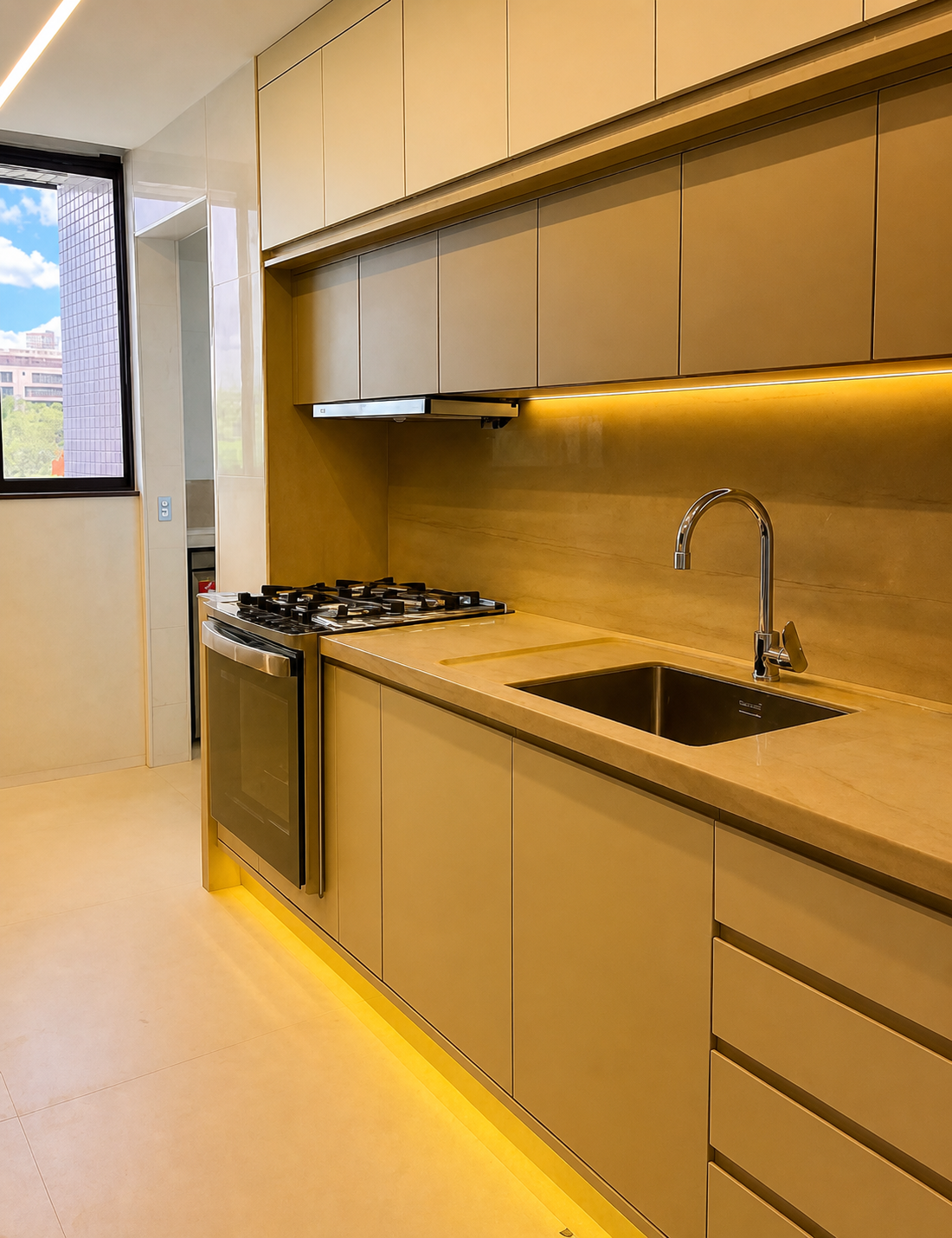 Cozinha planejada com iluminação dourada